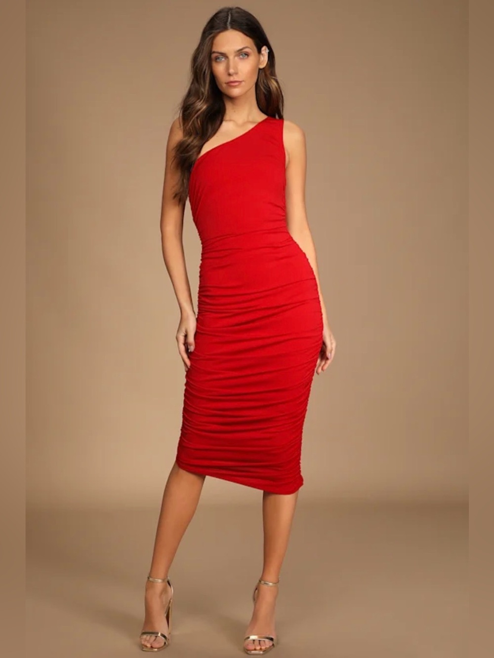 Lulu's Red Dress - One-Shoulder Ruched - Picture 3 of 4